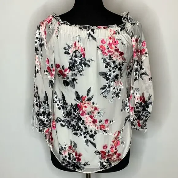 WHBM white pink floral burnout sheer top XXS NWT - Picture 8 of 14